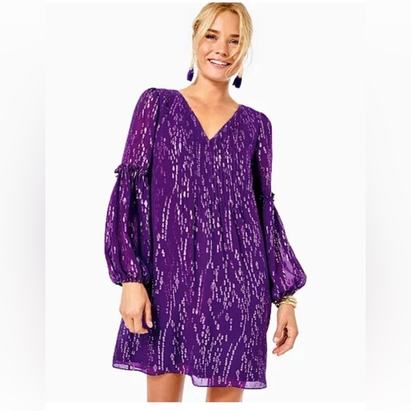 Lilly Pulitzer Dresses & Skirts - New Lilly Pulitzer Cleme Silk Dress Purple Berry Fish Clip Chiffon Gold Size 00